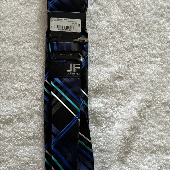 JF J.Ferrar Black and Blue Striped Tie - Picture 2 of 6